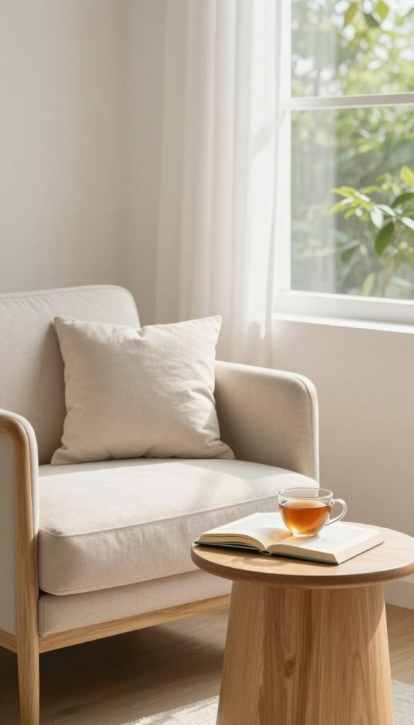 A cozy reading nook with a book and tea, phone set aside for a digital detox hour.