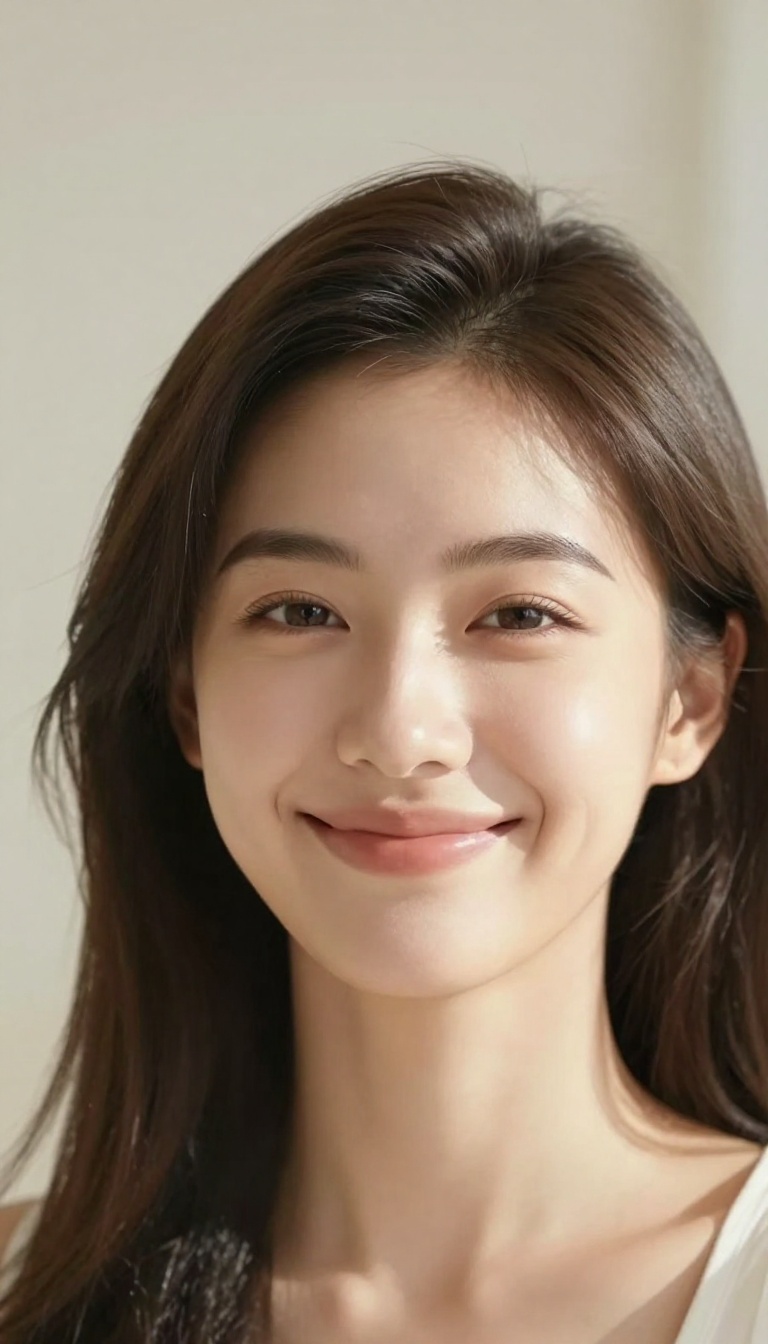 Woman smiling naturally with a fresh, glowing look in bright light