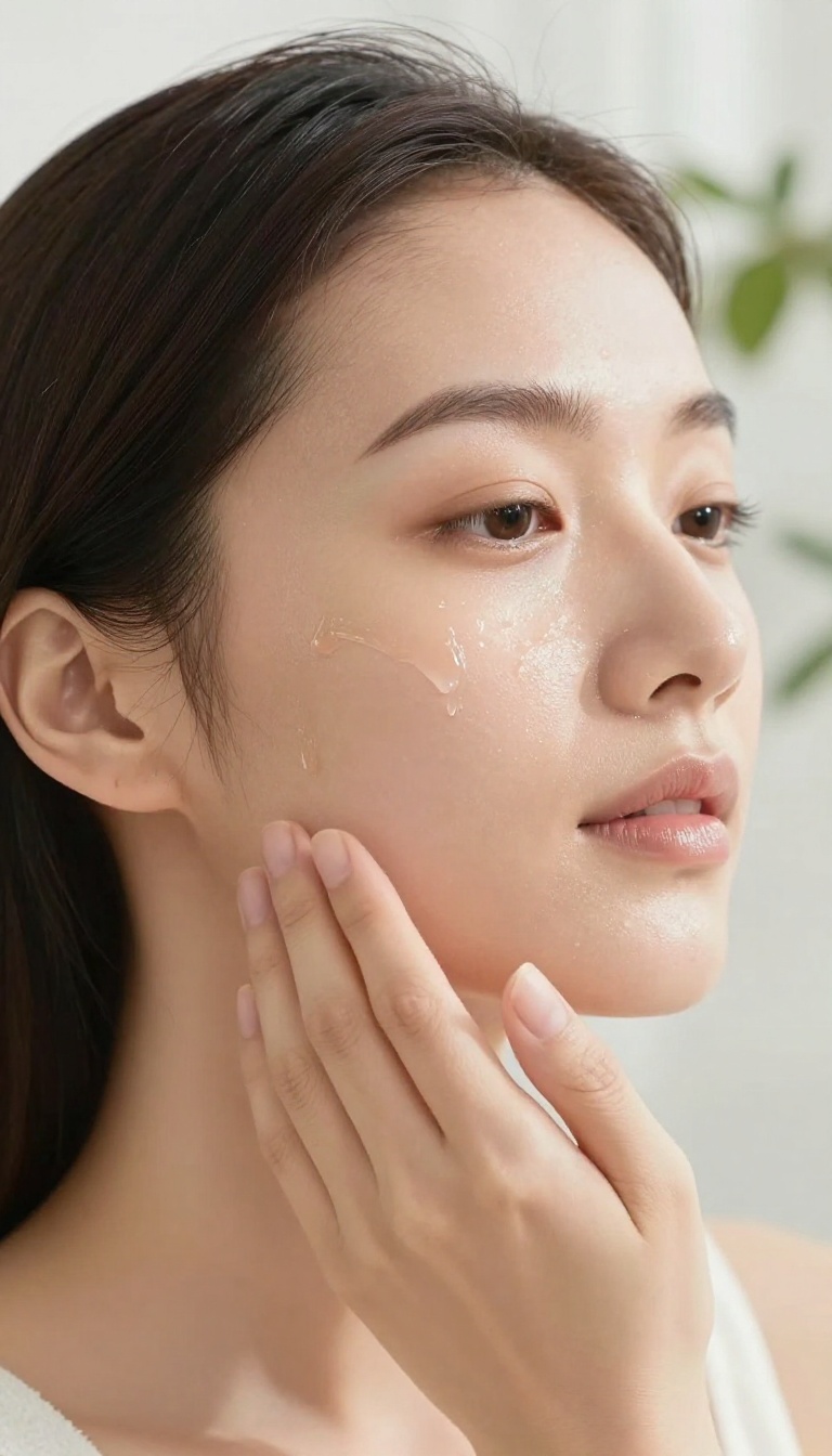 Woman applying hydrating serum to her cheek for a dewy glow