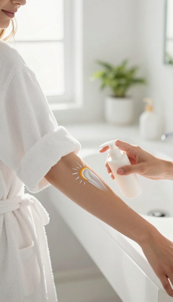 Woman applying sunscreen to her arm in a bright, sunlit bathroom, with a pump bottle nearby.