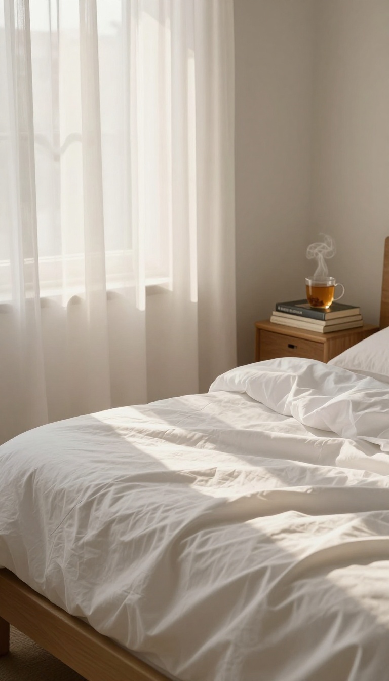 A calm and inviting bedroom designed for quality sleep, with soft morning light and cozy bedding.