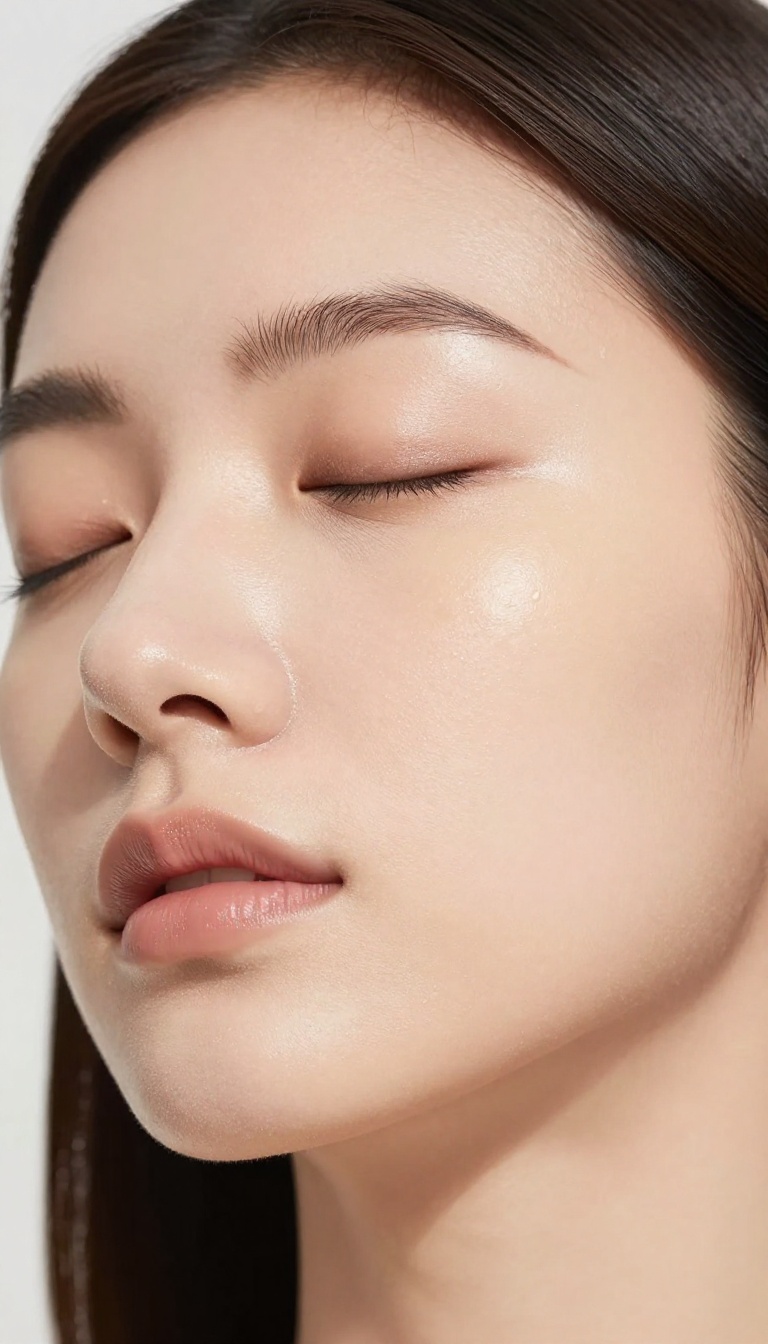 Woman with smooth glowing skin applying retinoid serum at night