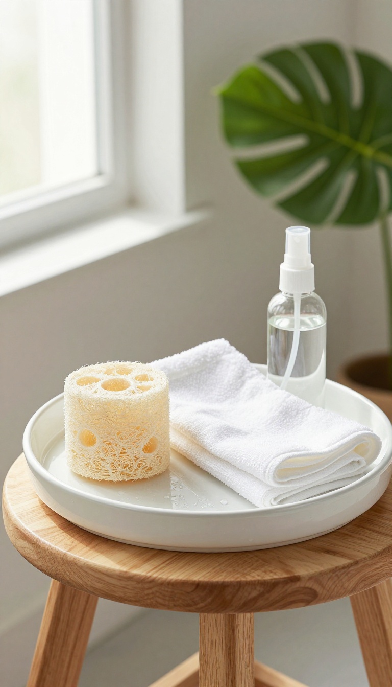 Clean shower tools on a tray in a bright bathroom