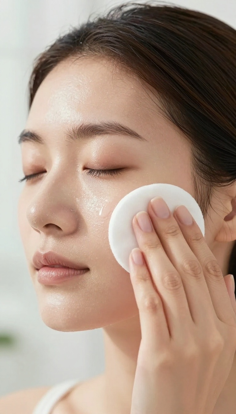 Woman applying toner with cotton pad after shower, glowing skin, bright bathroom background