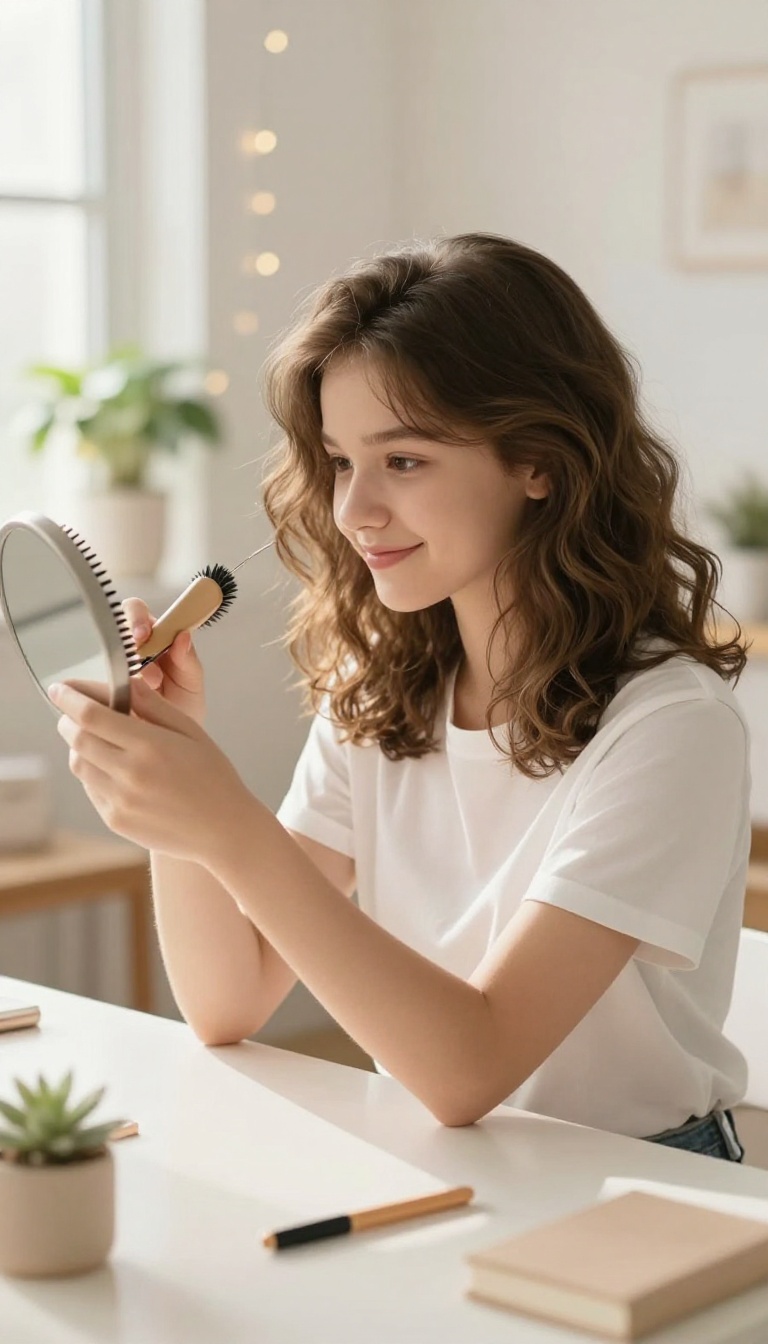 Teenage girl with easy, flattering half-up hairstyle in a bright, cozy bedroom