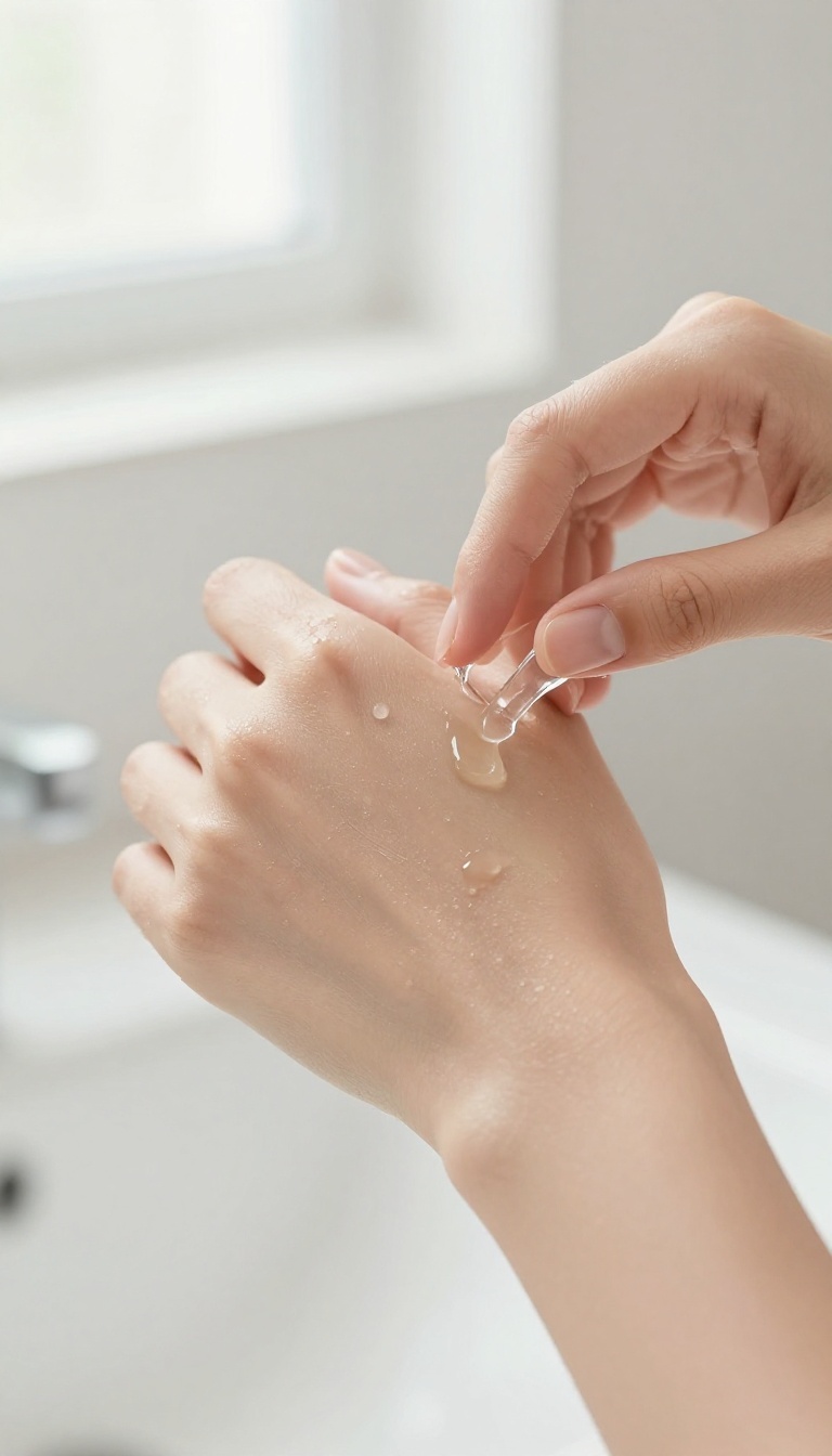 Woman applying a hydrating serum to damp skin after a shower
