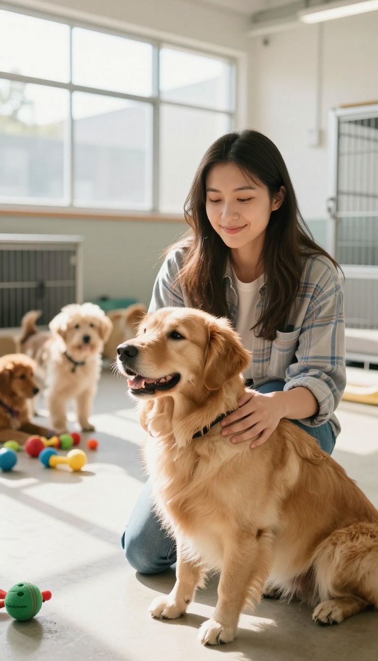 Woman smiling while petting a shelter dog, bright natural light, volunteer scene