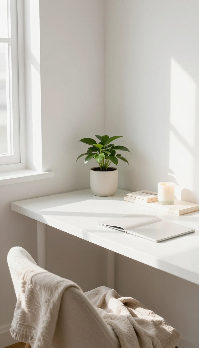 A tidy and serene bedroom corner with a clean desk, a plant, and a cozy chair, bathed in natural light, representing a decluttered and calming space.