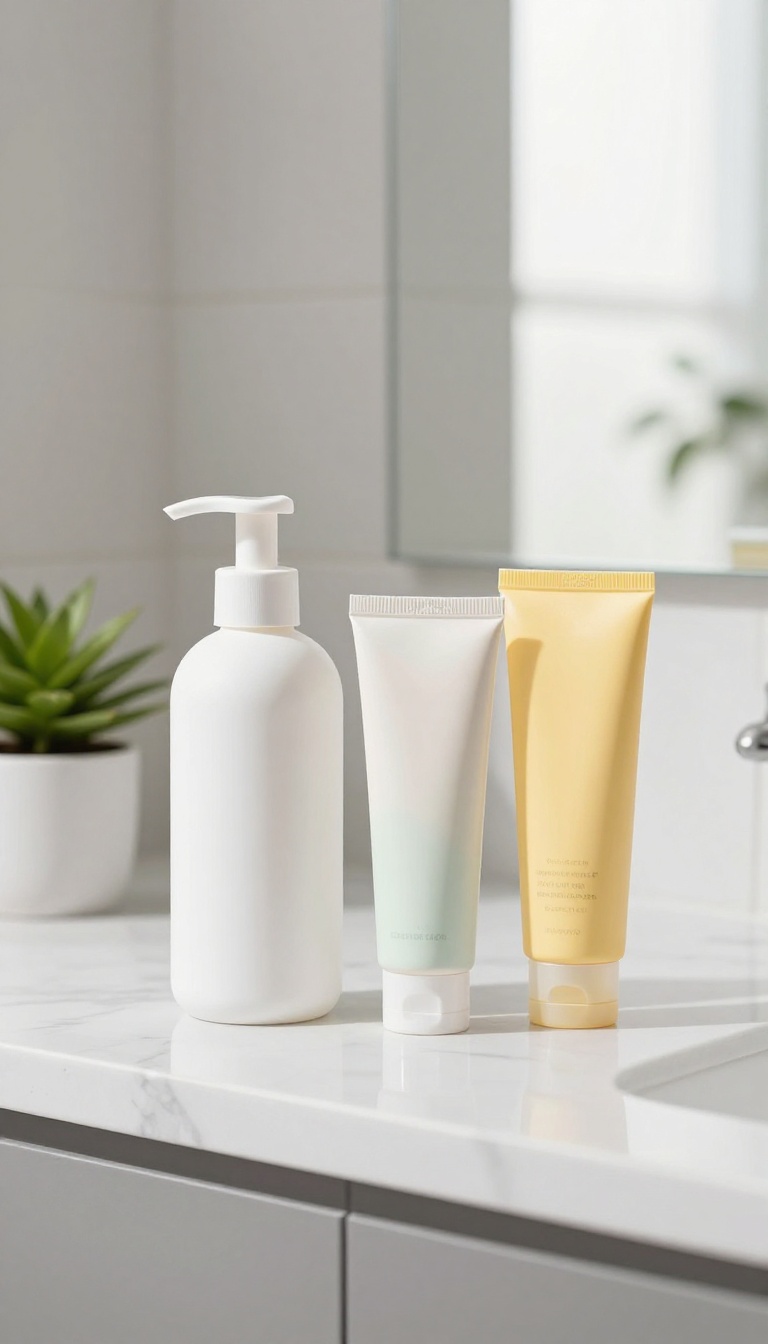 Minimalist skincare routine with cleanser, moisturizer, and sunscreen on a marble counter in bright natural light