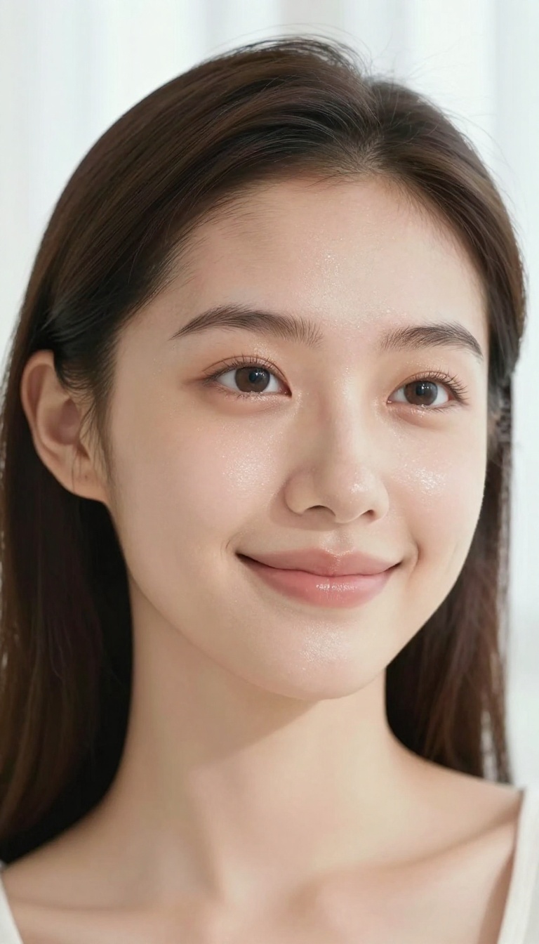 Woman with dewy glowing skin and subtle highlighter on cheekbones and brow bone in natural light