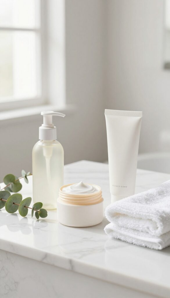 A neat skincare routine lineup on a marble counter with a plant and eucalyptus in bright natural light.