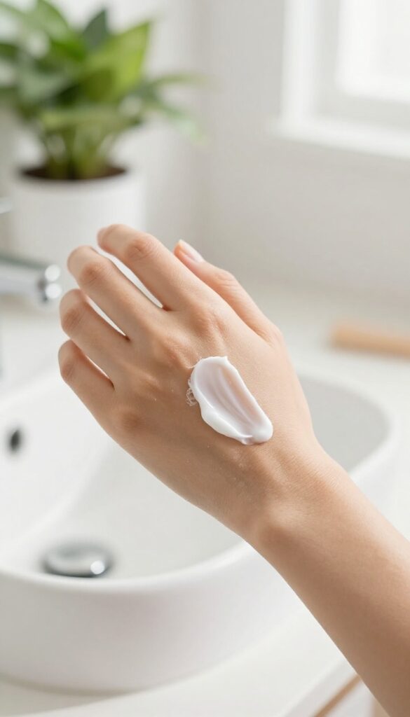 Woman applying urea lotion to her dry elbow in a bright bathroom