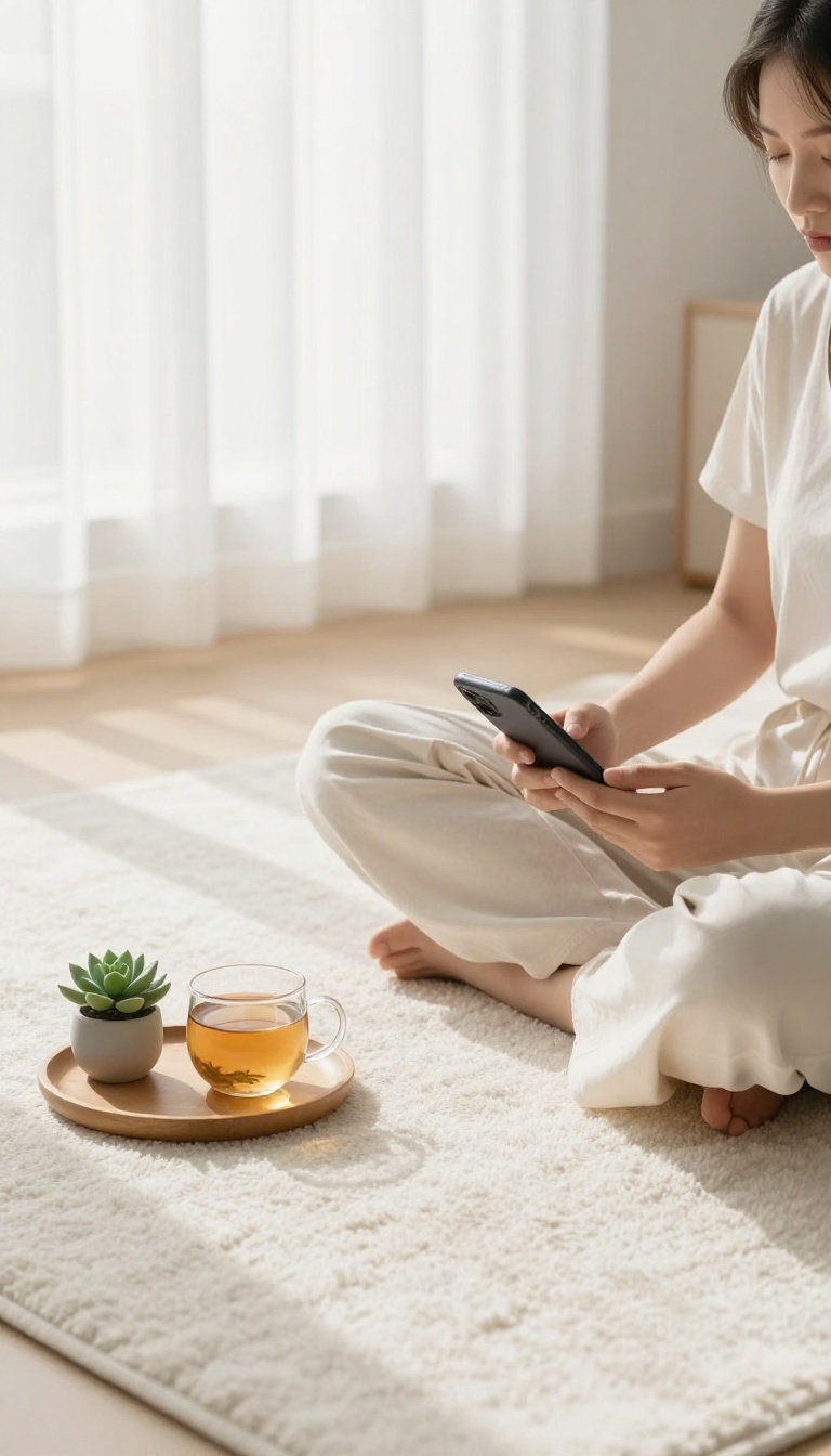 A person taking a break from screens, sitting peacefully with a phone set aside in a bright, cozy room.