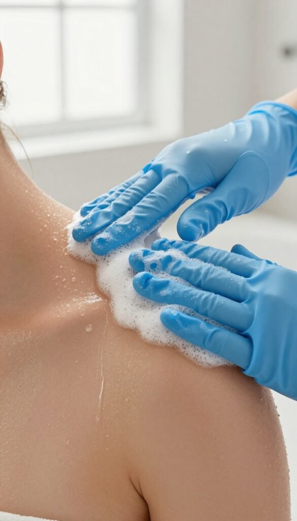 Hand with exfoliating glove scrubbing shoulder in bright bathroom