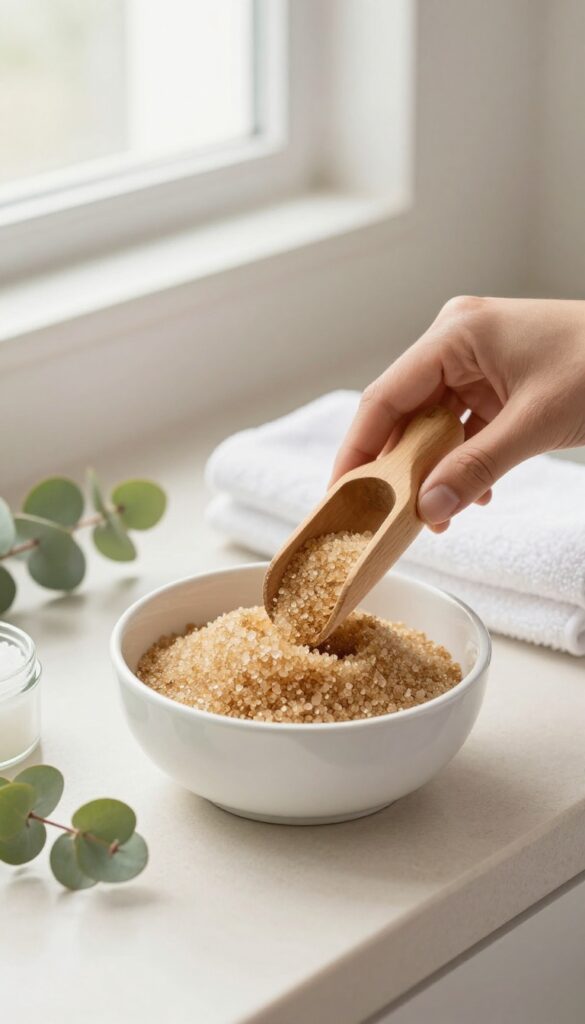 A hand holding a wooden scoop of sugar scrub over a white bowl on a bathroom counter with eucalyptus and a towel.
