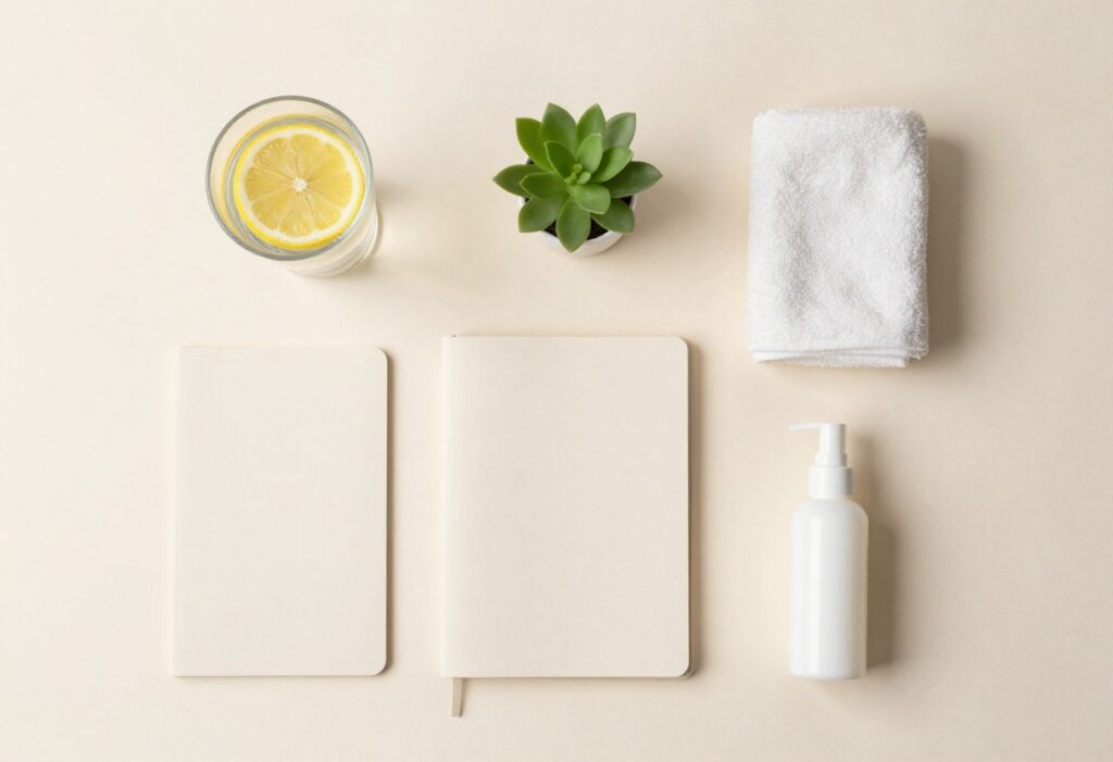 Flat lay of self-care items like water, journal, and skincare on a pastel background