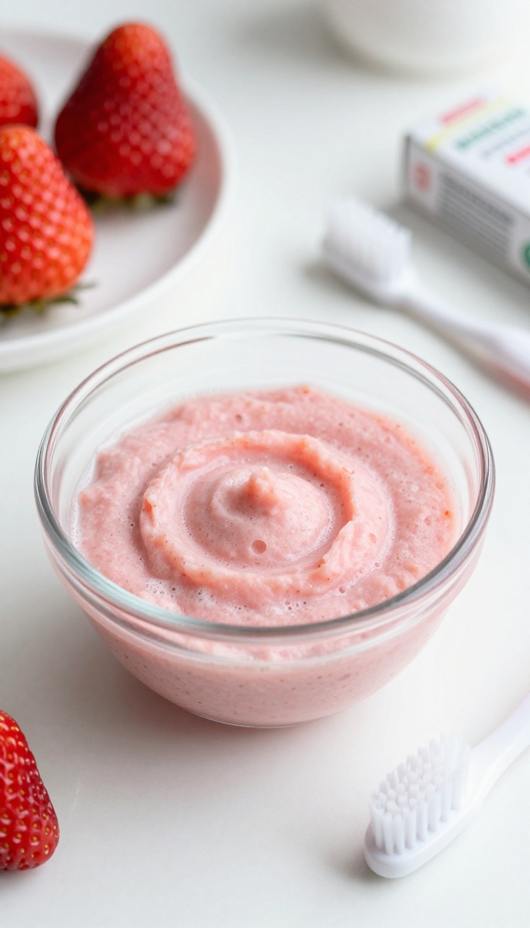 DIY strawberry and baking soda teeth whitening paste in a bowl with toothbrush