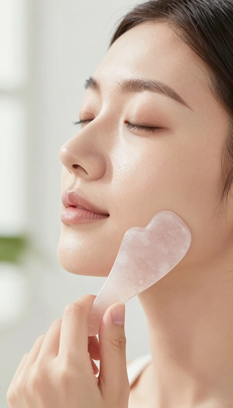 Woman using a rose quartz gua sha tool on her face for a glowing, smooth complexion