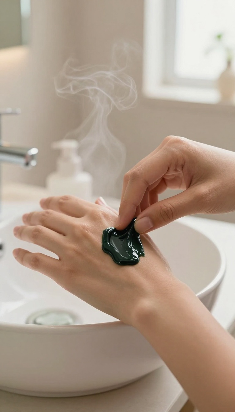 Hand applying black soap to skin in a steamy spa-like bathroom