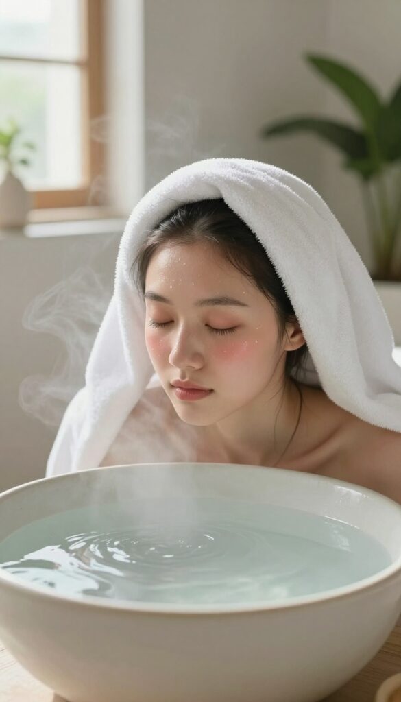 Woman steaming her face over a bowl of hot water for a natural glow.