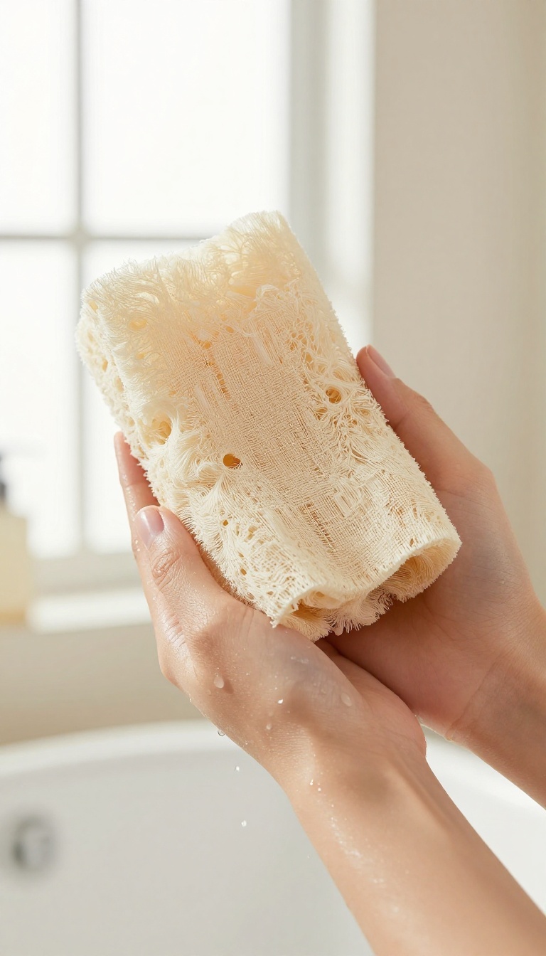Person exfoliating arm with a soft brush in a bright shower