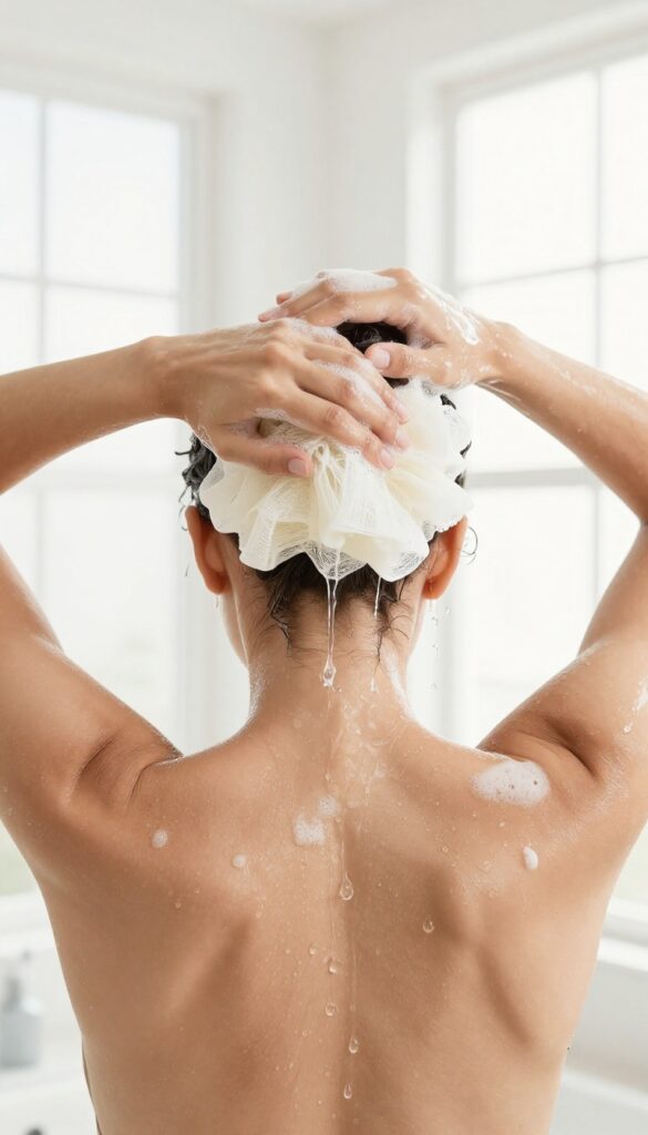Person washing shoulders and back in a bright shower, demonstrating the top-to-bottom body washing order.