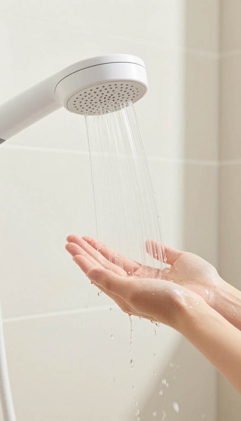 Hand under lukewarm shower water in a clean, bright bathroom