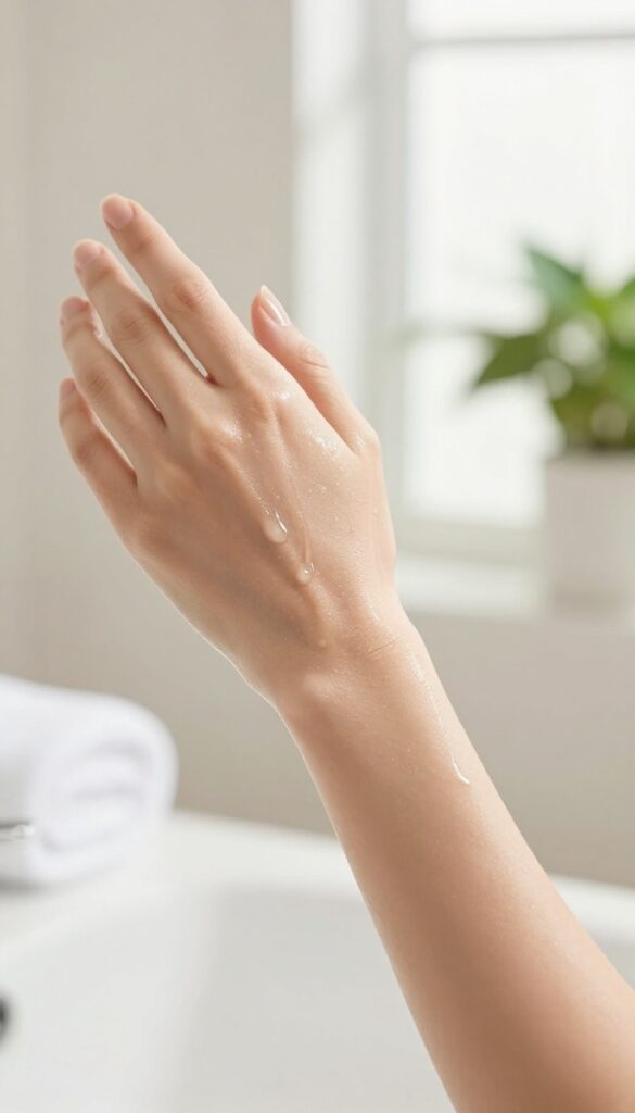 Woman applying body serum to her arm in a bright bathroom, skin glowing and hydrated