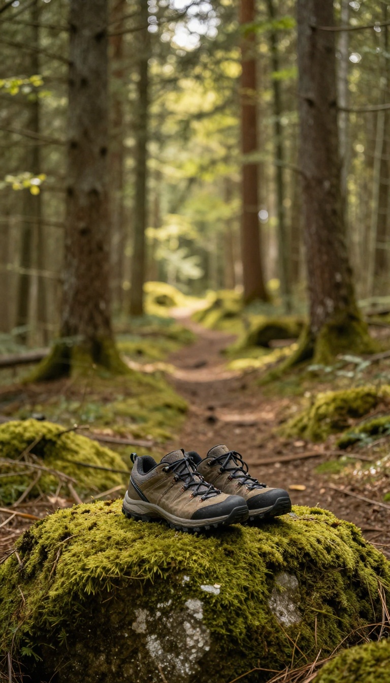 A peaceful forest path with hiking shoes on a mossy rock, symbolizing mindful walking as a form of self-care.