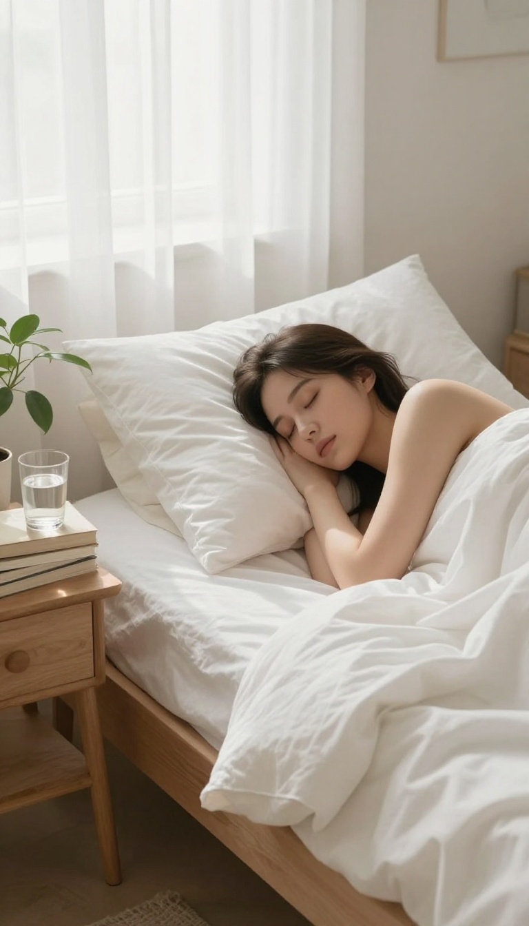 Woman sleeping peacefully in a bright, cozy bedroom