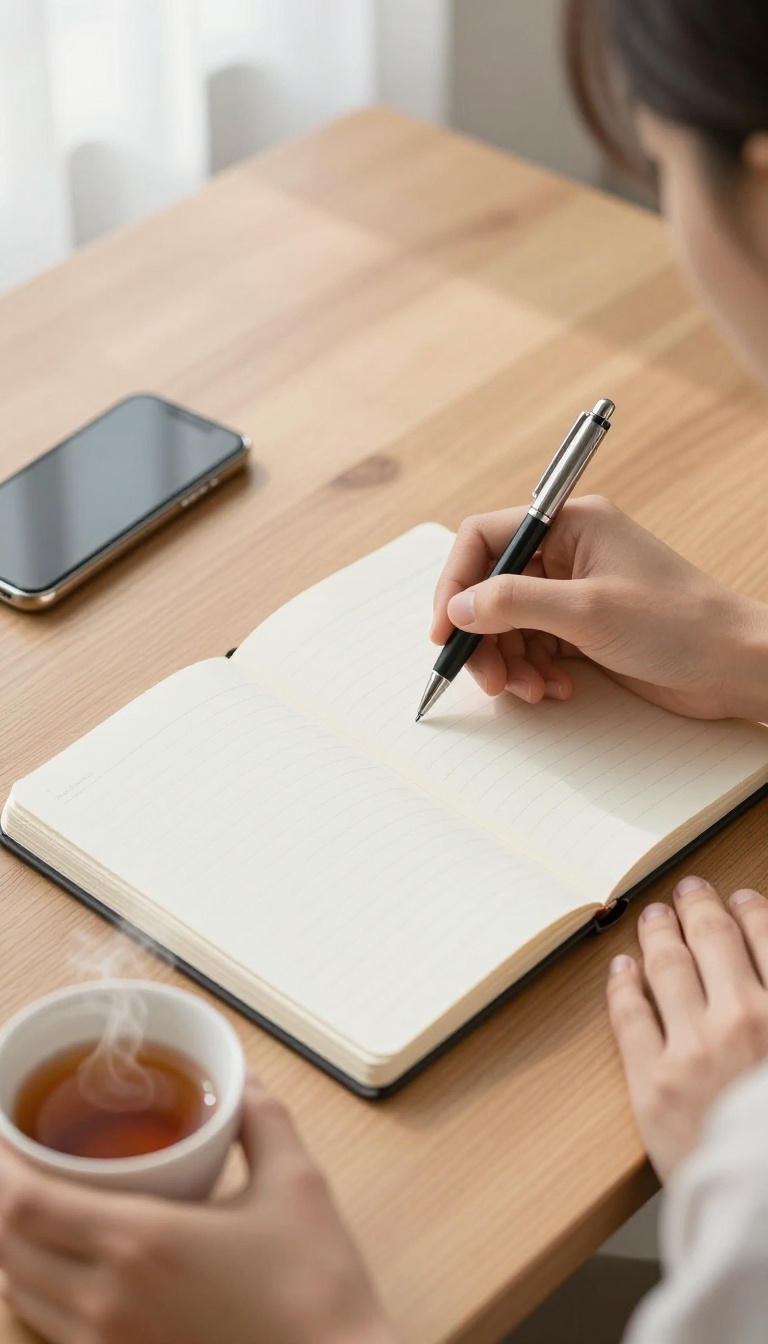 A person's hands on a desk with a notebook and pen, phone face-down, tea nearby, symbolizing focused single-tasking