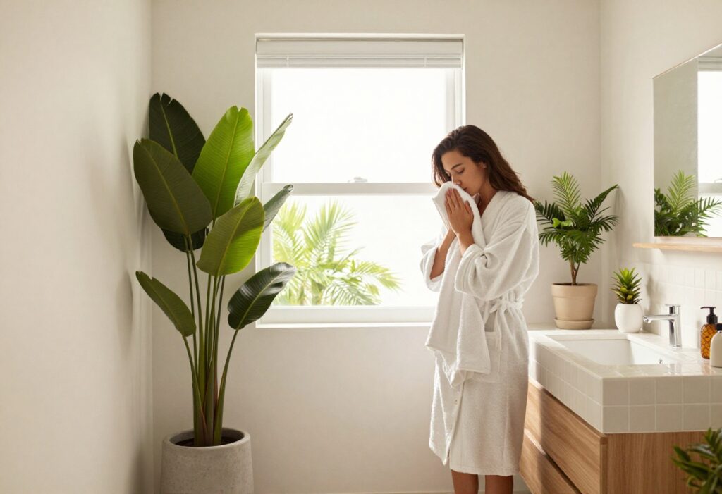 Person in white robe patting skin dry after shower in bright bathroom