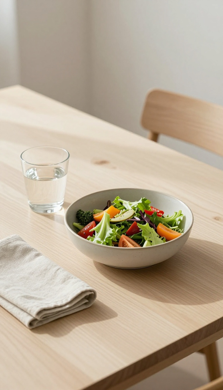Overhead view of a fresh salad bowl and water on a wooden table, symbolizing mindful eating
