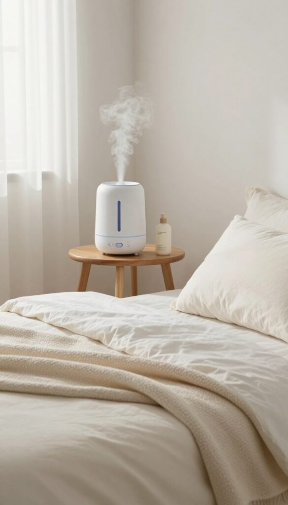 A small humidifier on a nightstand beside a lotion bottle in a bright, cozy bedroom, with soft light and a peaceful vibe.