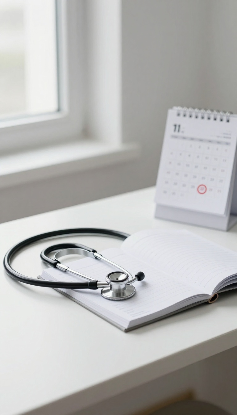 Stethoscope and calendar with a circled date on a bright desk, symbolizing preventive health check-ups.