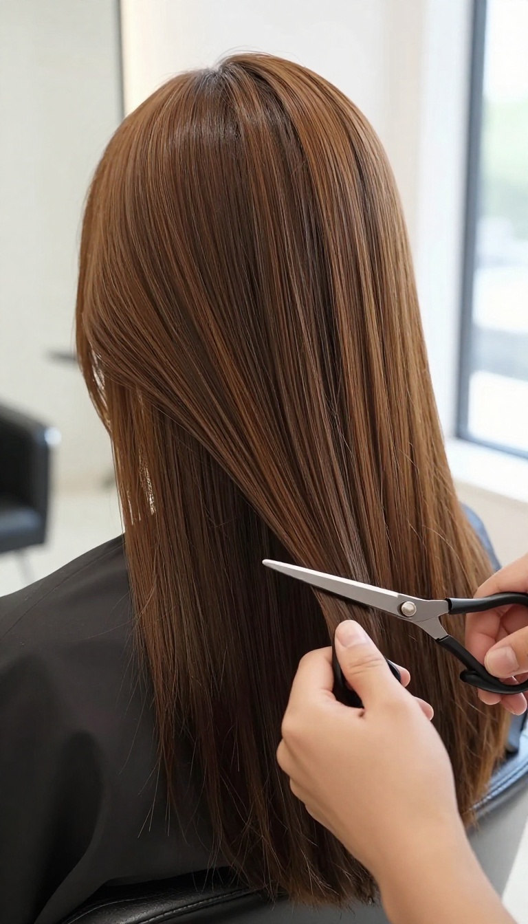 Close-up of a hairdresser trimming the ends of a woman's smooth, shiny hair in a bright salon