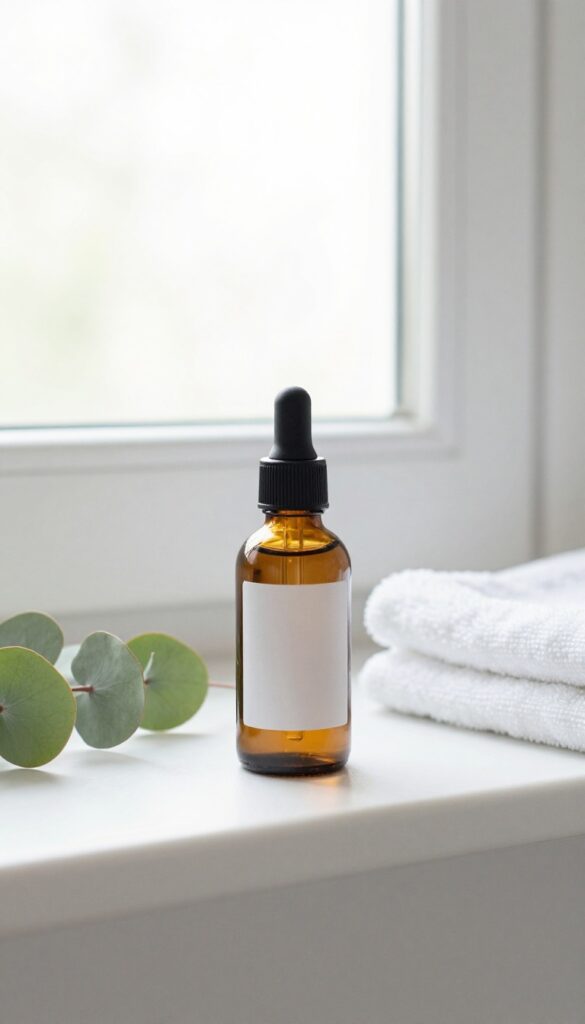 Squalane body oil bottle on a bathroom shelf with eucalyptus leaves and a white towel