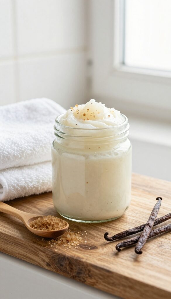 Vanilla bean sugar scrub in a glass jar on a bathroom shelf with towels and vanilla pods