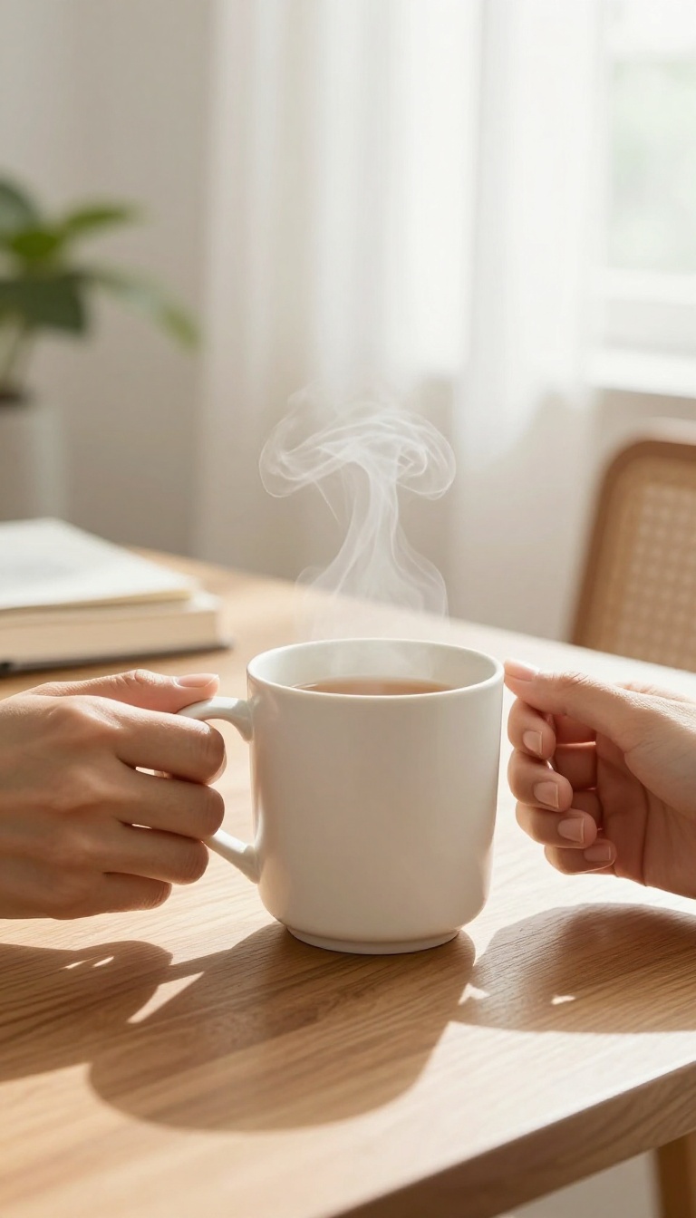 Person holding a warm mug of tea by a bright window, steam rising, cozy self-care moment