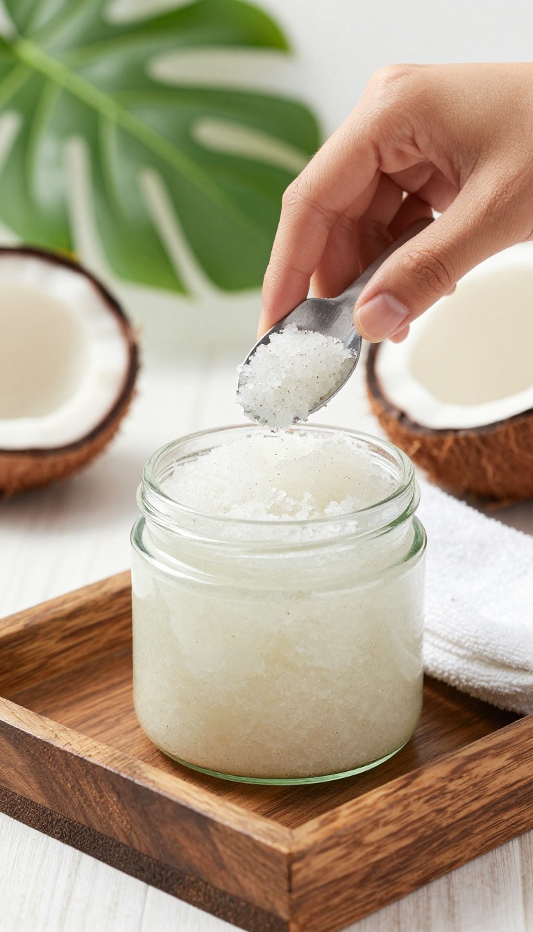 Hand scooping coconut oil sugar scrub from a glass jar on a wooden tray with tropical leaves.