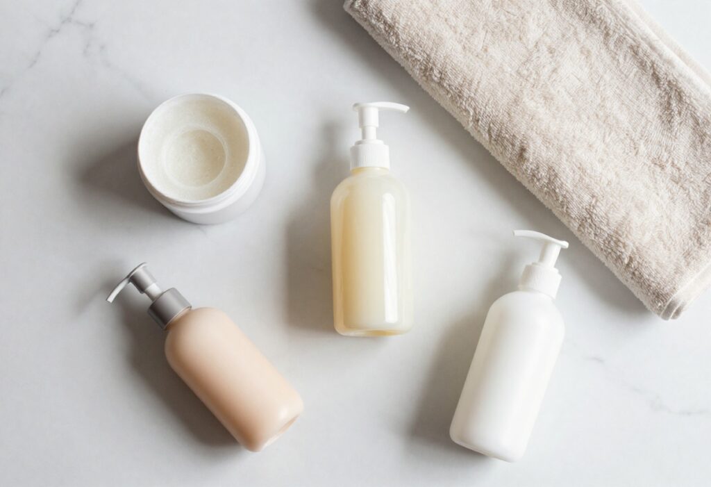 Curated collection of body care products on a marble shelf with soft lighting