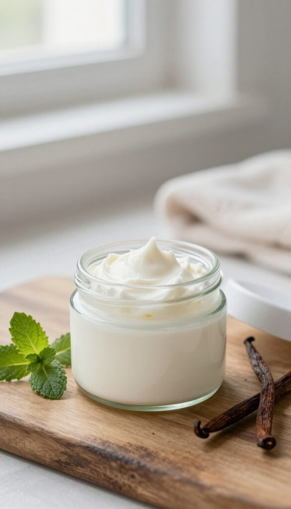 Whipped vanilla mint body butter in a glass jar with fresh mint and vanilla beans on a wooden table