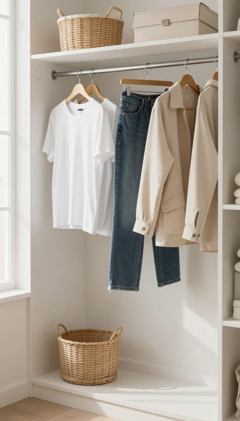 A minimalist closet with essential wardrobe staples neatly hung in natural light