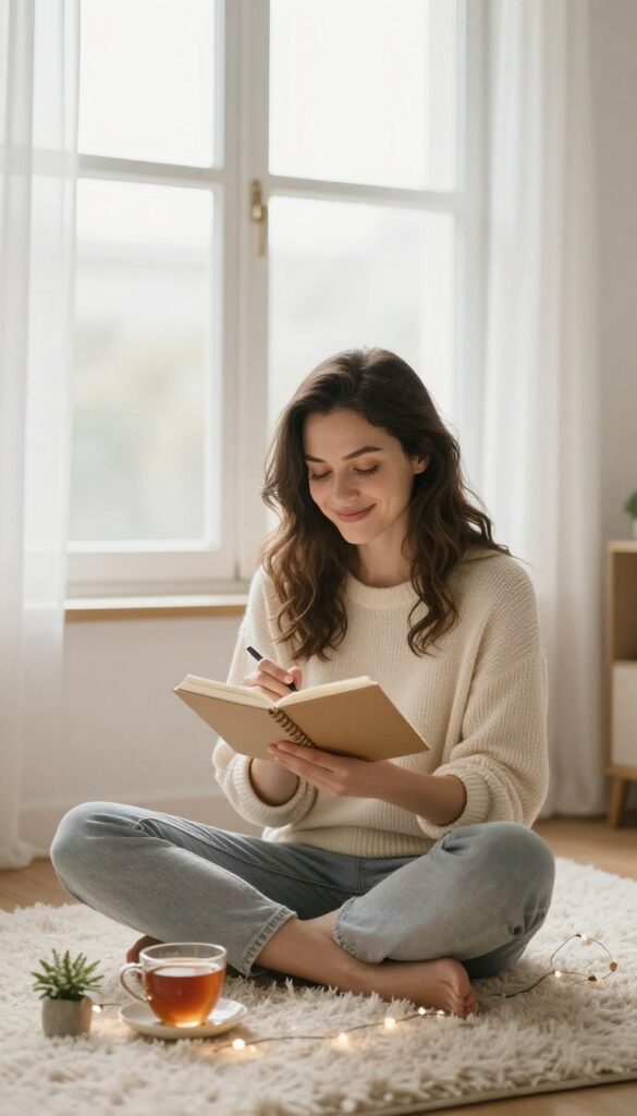 Woman celebrating small wins by writing in a journal in a bright, cozy bedroom