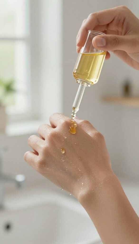 Woman applying body oil to damp skin in a bright bathroom
