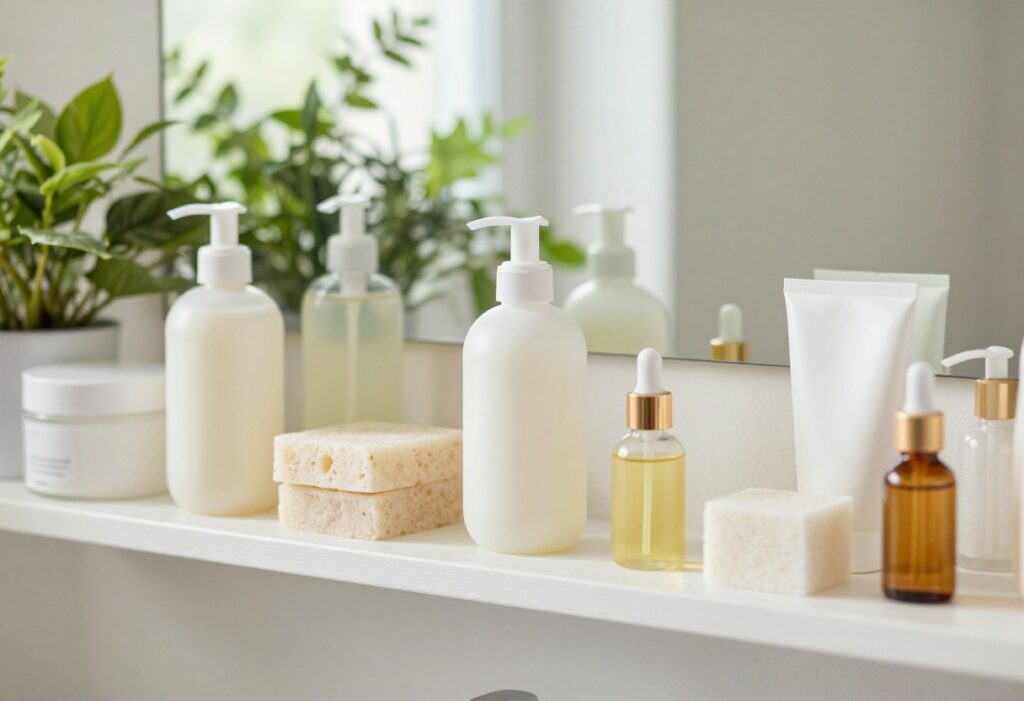 Collection of body care products on a bathroom shelf