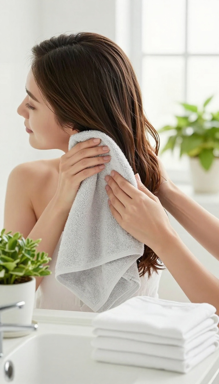 Woman gently drying her hair with a microfiber towel in a bright bathroom, reducing frizz and tangles