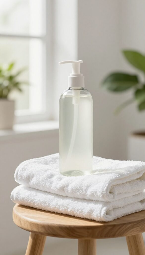 A gentle pH-balanced body wash bottle in a bright, minimal bathroom setting with natural light.