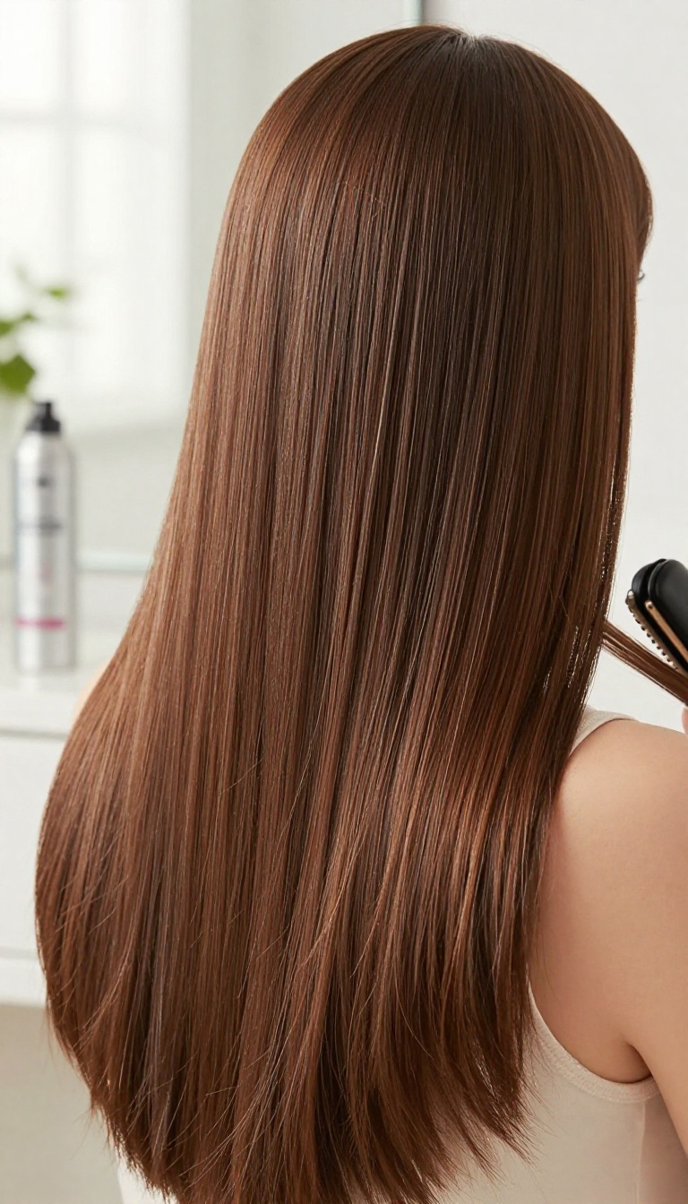Woman using a hair straightener on shiny, healthy hair with a heat protectant spray on a white vanity