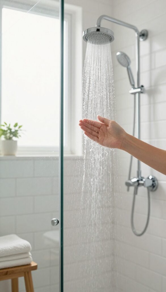 Hand adjusting a shower handle with lukewarm water in a bright, clean bathroom